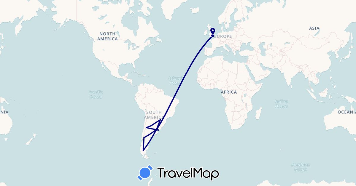 TravelMap itinerary: driving in Argentina, United Kingdom, Uruguay (Europe, South America)